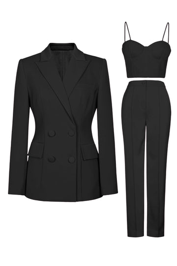 Black Peak Lapel 3-Piece Double Breasted Women Formal Suits